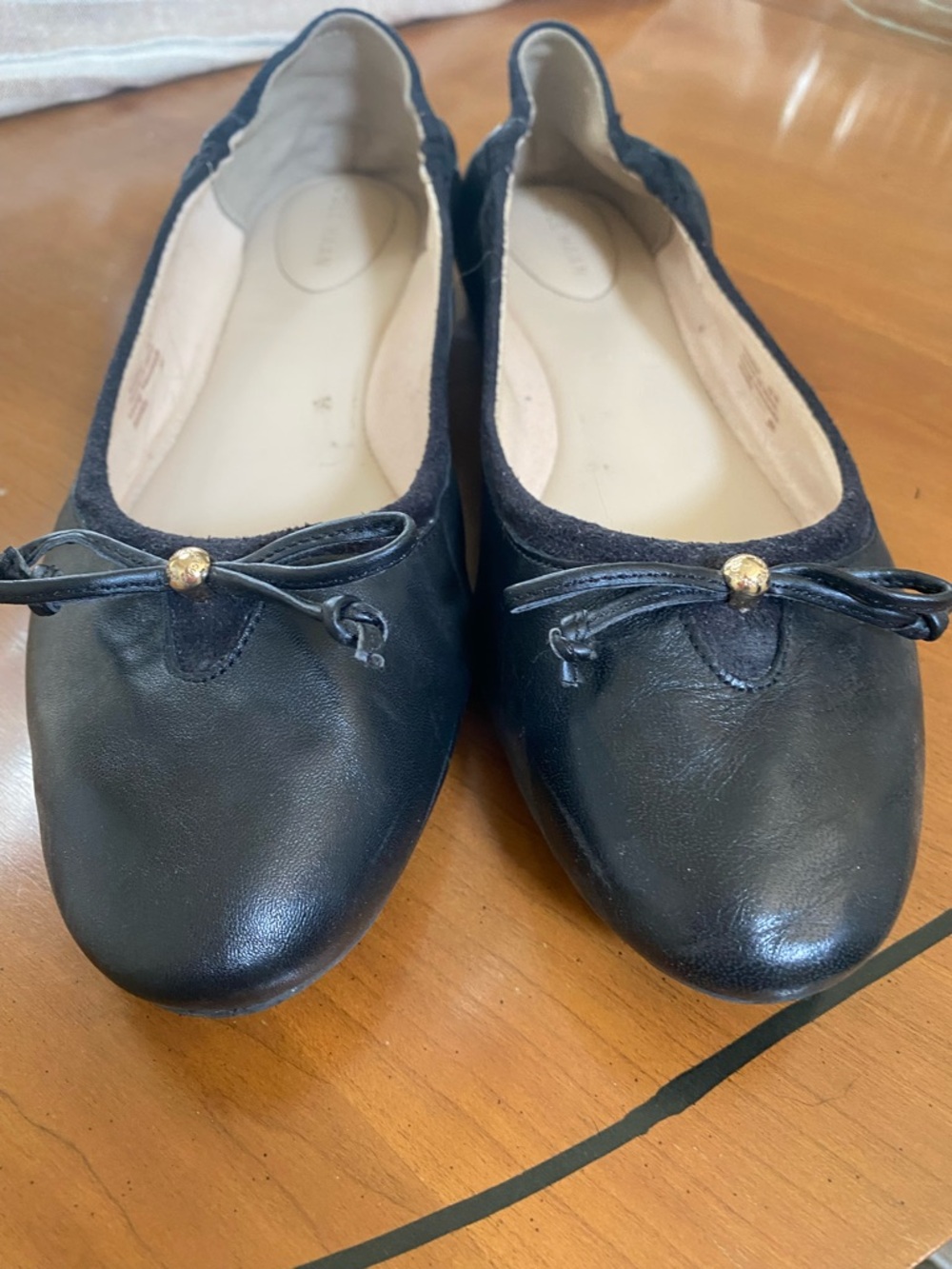 Cole Haan Black Leather Ballet Flats with Gold Accent